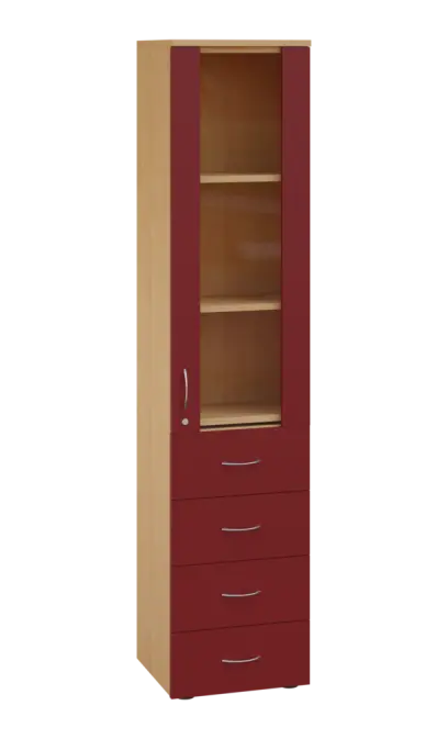 LE - 44 skříň léková prosklená, pravá, korpus javor horský, dvířka burgundská